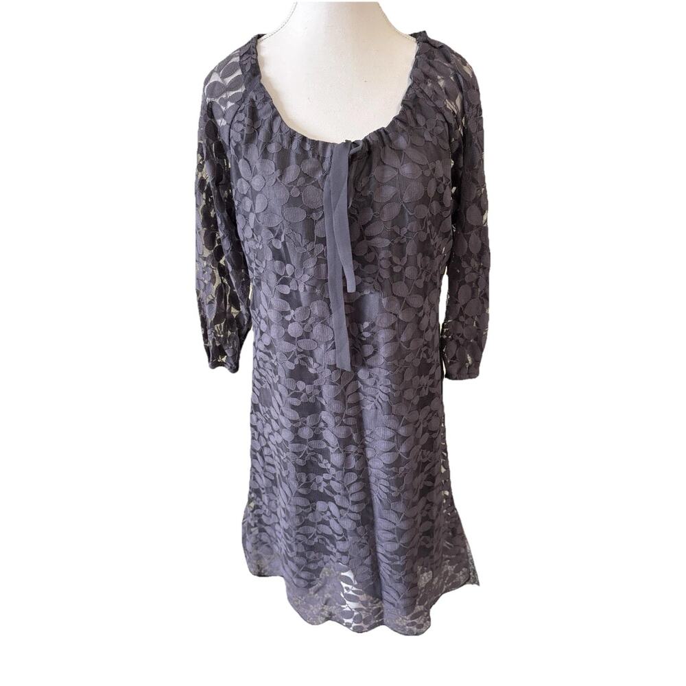 Garnet Hill Gray Lace Floral Sheer Overlay Dress Tie Neck 3/4 Sleeve‎ Size 12